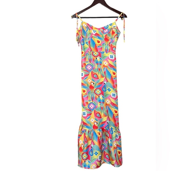 Kenny Flowers Dress Boho Caribbean Bird Print Silk‎ Midi Sz S - Picture 4 of 7